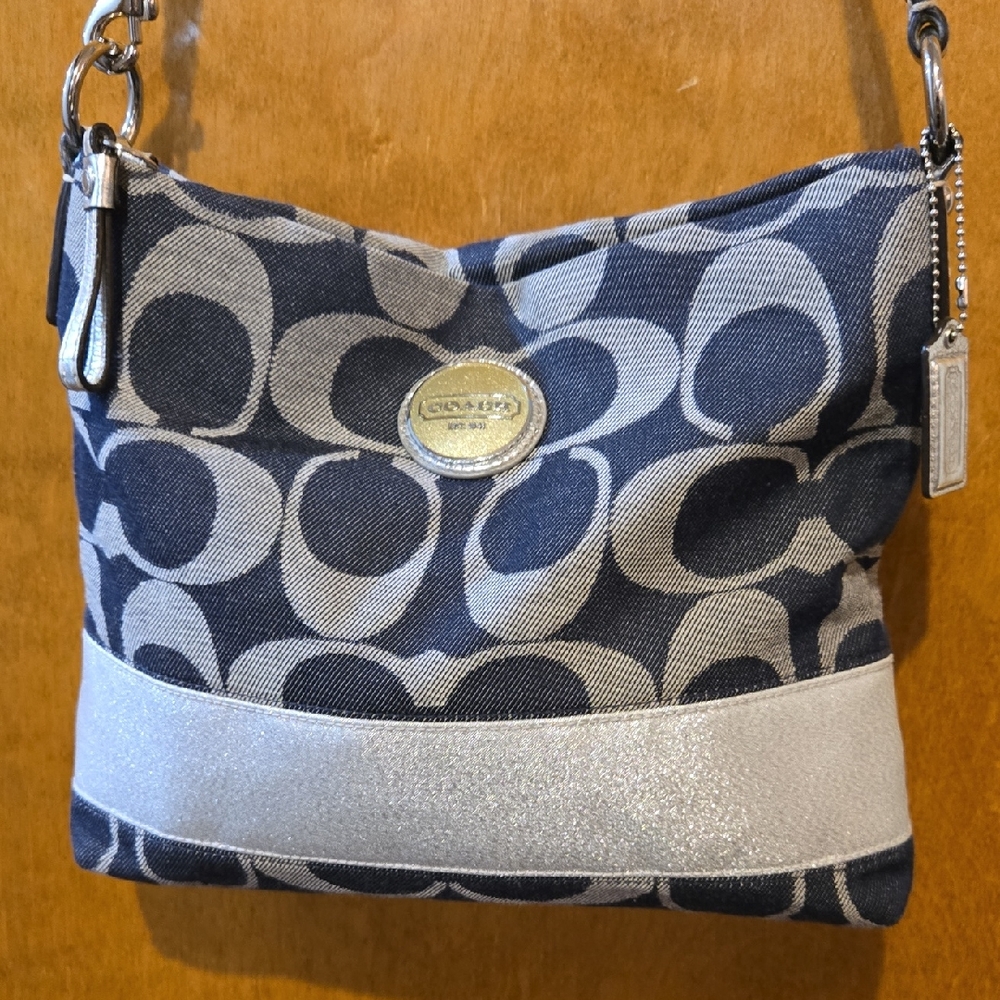 Coach Navy and Silver Denim Shoulder/Crossbody Bag